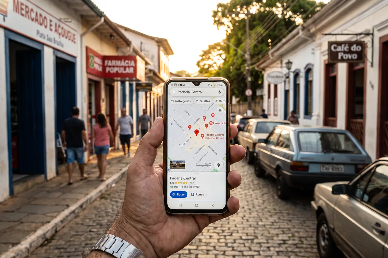 Mão segurando um celular com o Google Maps aberto em uma empresa local, numa rua de comércio.