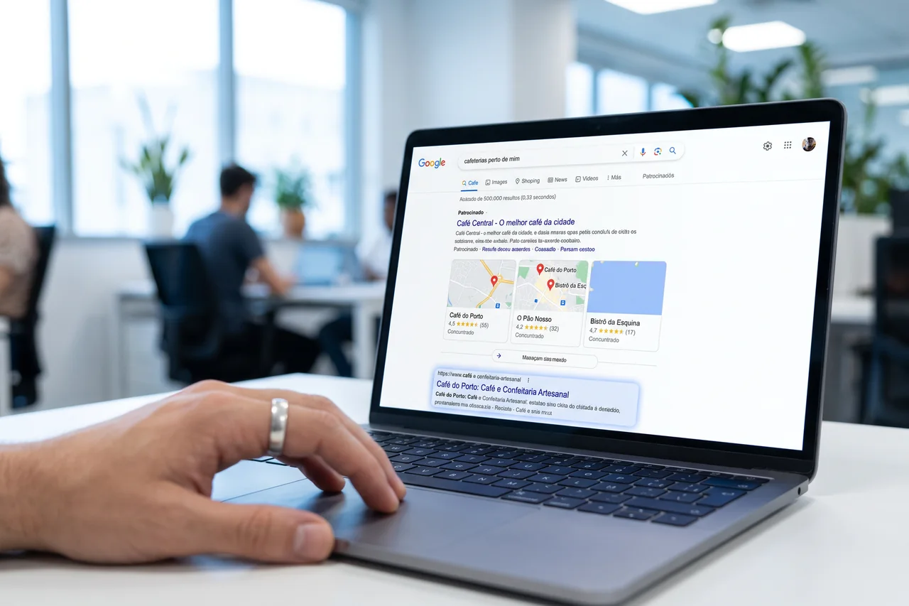 Notebook com uma página de resultados do Google: anúncio, mapa com três empresas e o primeiro resultado em destaque.