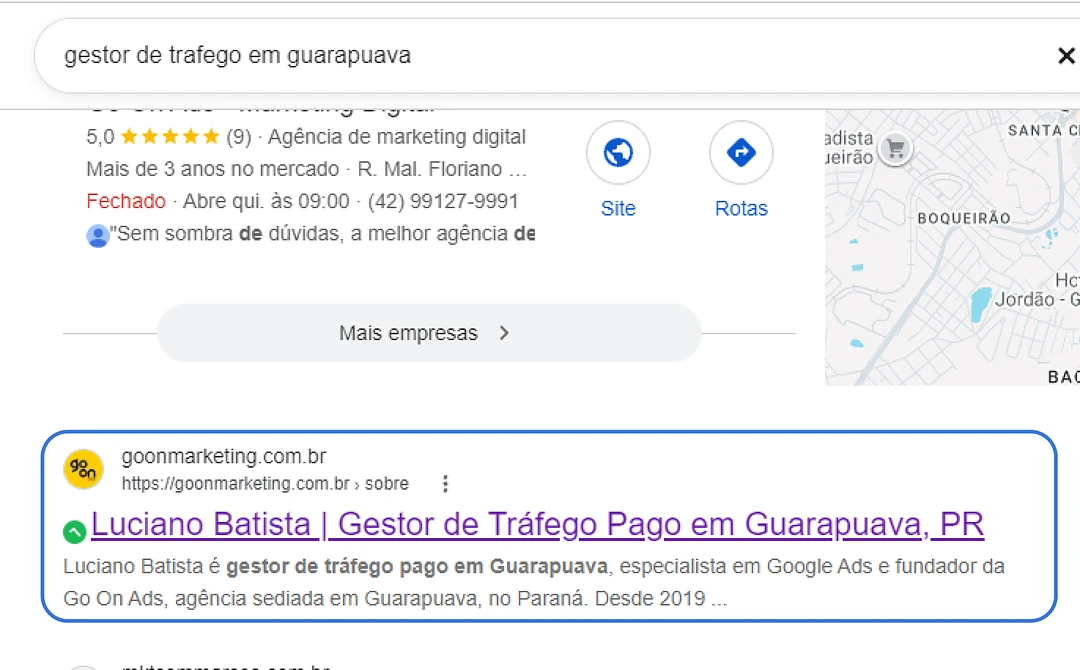 Busca do Google por agência de tráfego pago em Guarapuava com a Go On Ads na primeira página