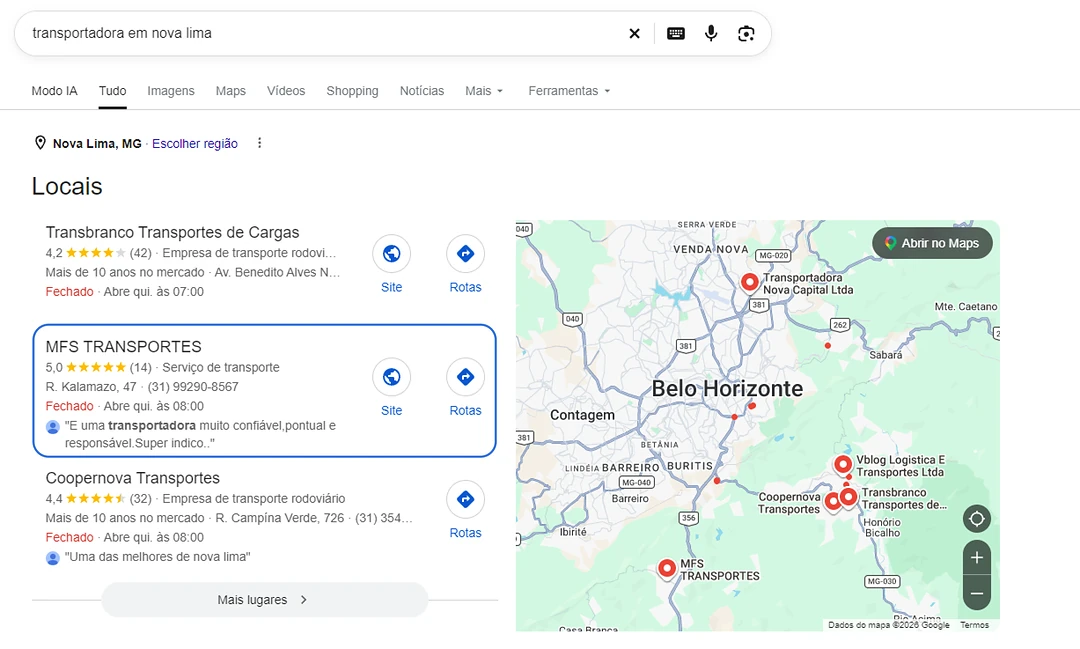 MFS Transportes entre os resultados locais para "transportadora em Nova Lima".