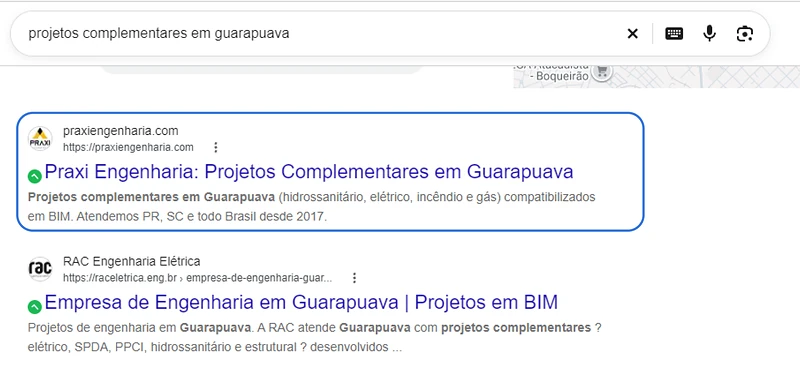 Busca do Google: Na primeira página para o serviço principal