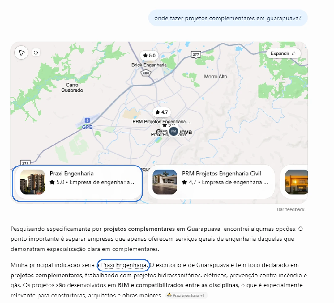 O ChatGPT indicando a Praxi Engenharia para "projetos complementares em Guarapuava".