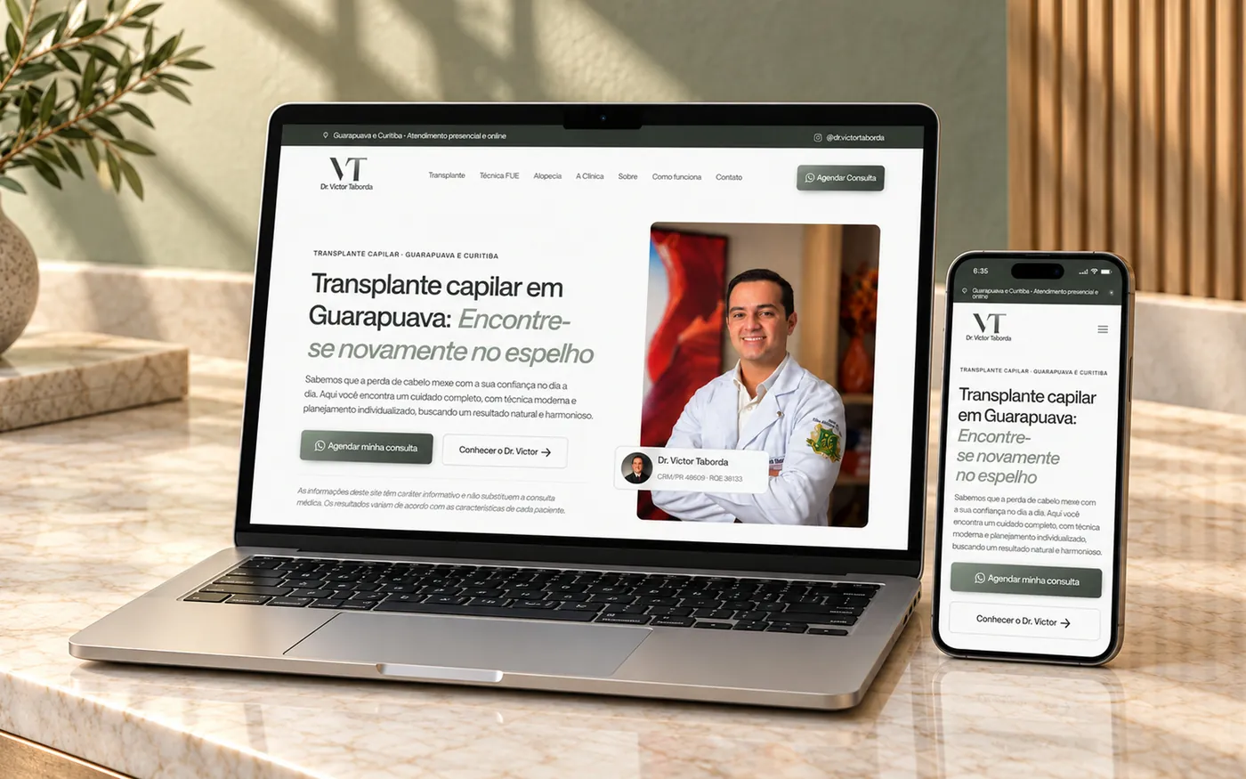 Site Dr. Victor Taborda, clínica de transplante capilar em Guarapuava, aberto em notebook e celular: projeto de Mateus Souza, web designer em Guarapuava