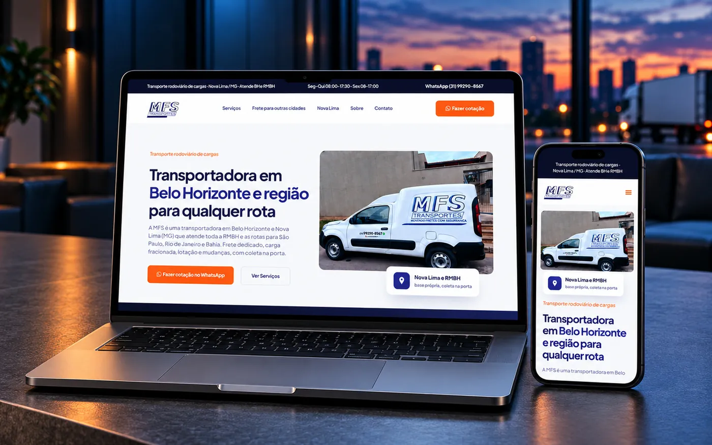 Site MFS Transportes, transportadora de Nova Lima e Belo Horizonte, aberto em notebook e celular: projeto de Mateus Souza, web designer em Guarapuava